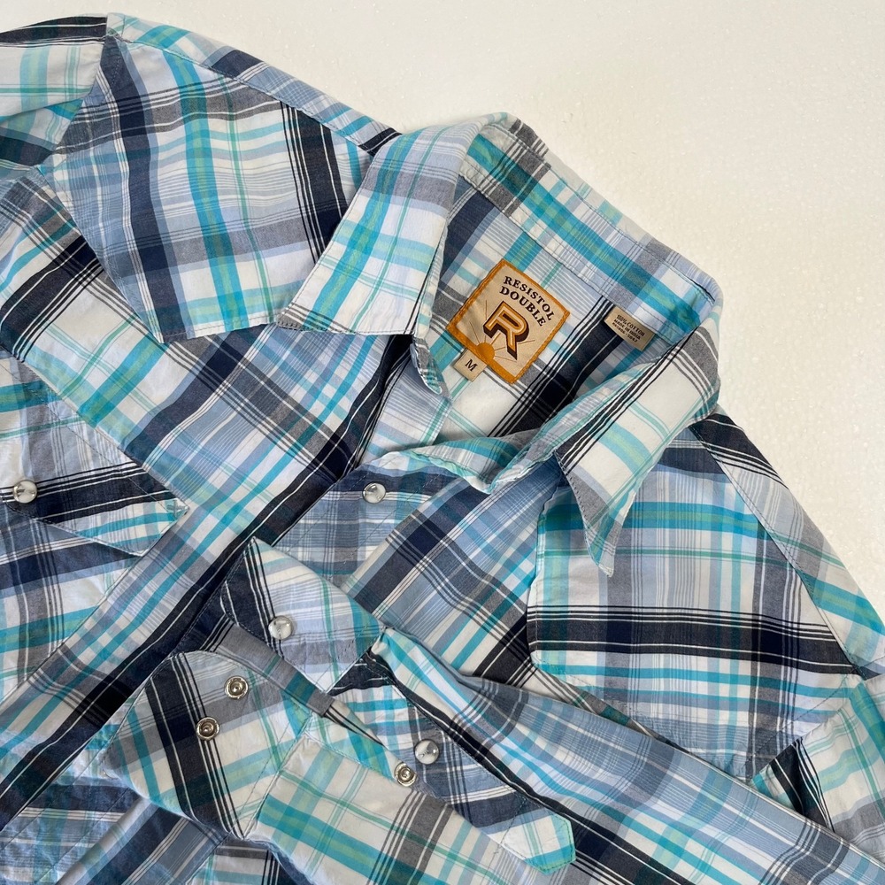 Resistol Double R Pearl Snap Shirt L/S Mens Medium Blue Plaid Cotton‎ Western